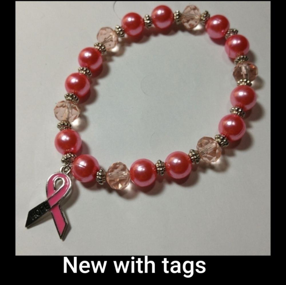 🩷Breast Cancer Bracelet Pink Pearl & Pink Ribbon with Engraved Hope